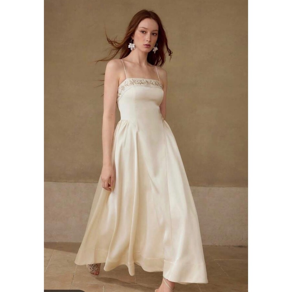 MOTF Naturally Chic Champagne Embroidered Beaded Maxi Dress XS B250414100771